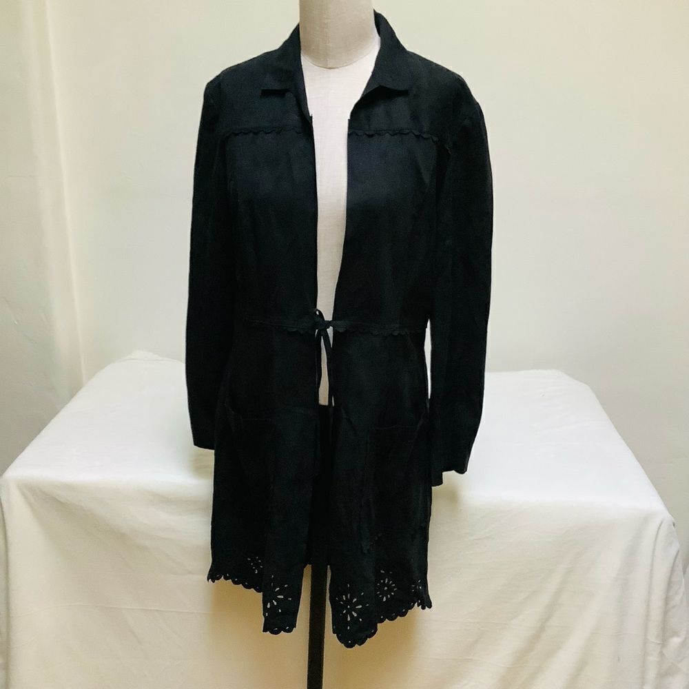 FAUX SUEDE JACKET BLACK TIE FRONT 3/4 LENGTH - Picture 3 of 7